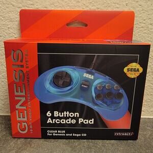 Genesis 6-Button Arcade Pad, Clear Blue (NEW) w/ 10-Ft Cable - Retro-bit - SEGA